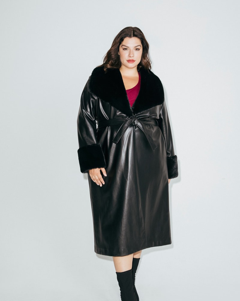 Front of a model wearing a size 2X Leather' Wrap Coat in Black by Hilary MacMillan. | dia_product_style_image_id:317068